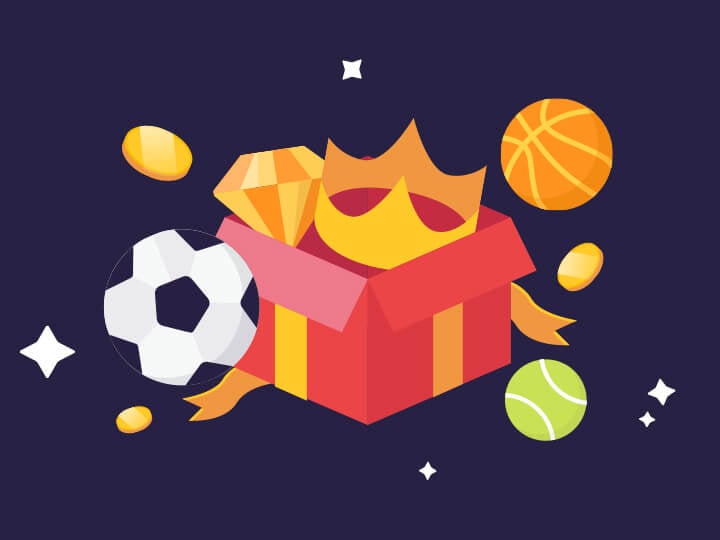 La stilizzazione di un pacco regalo, con un diamante e una corona e dei palloni da calcio, tennis e basket con delle monete