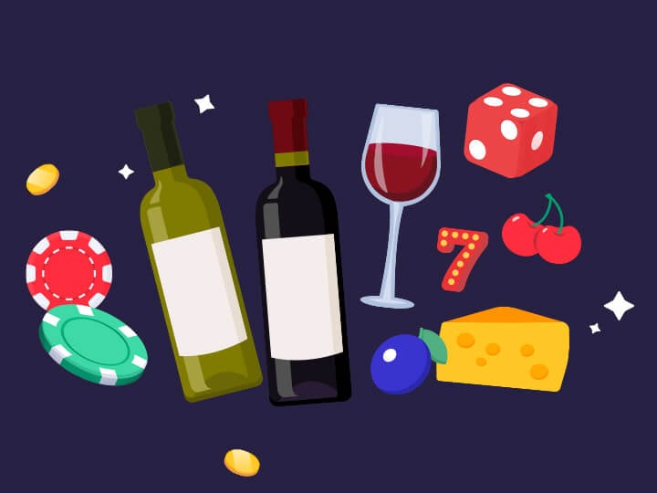 La stilizzazione di due bottiglie di vino e un bicchiere, con un pezzo di formaggio e dei simboli di casinò (fiche, dadi) per il blog di Time2play