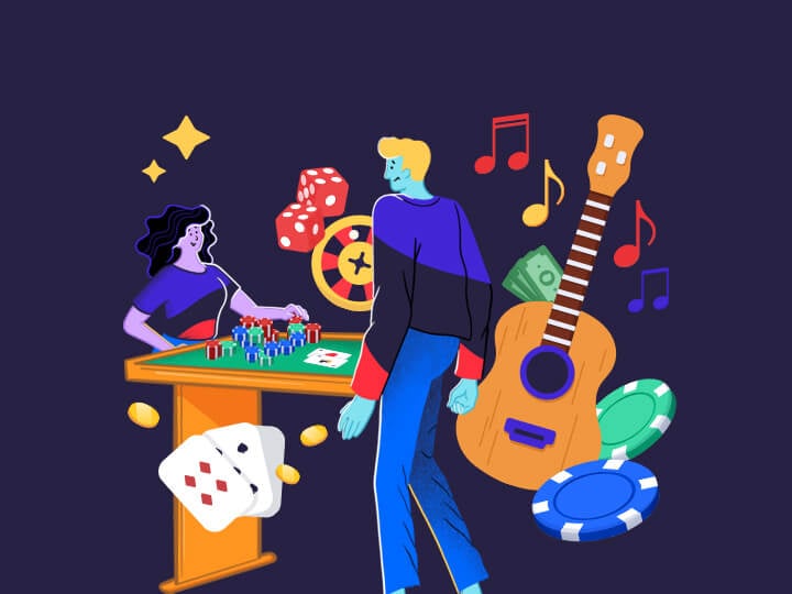 La stilizzazione di una ragazza e un ragazzo a un tavolo da gioco con simboli di casinò (fiche, slot, carte, roulette, banconote) e una chitarra classica