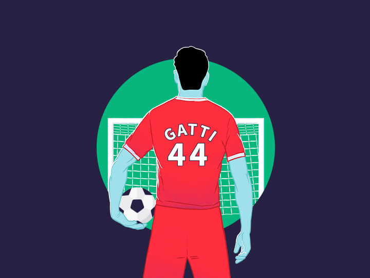 Un giocatore di calcio visto di spalle, con una divisa rossa con il numero 44 e il nome Gatti
