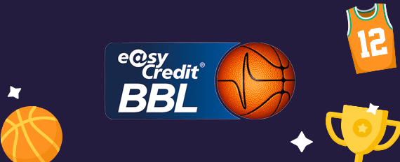 Il logo della BBL Bundesliga, torneo proposto dai siti scommesse basket, una palla da basket, una divisa da gioco e un trofeo