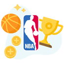 Il logo della NBA, un pallone da basket, un trofeo e delle monete per i consigli per scommettere sul basket