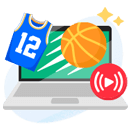 Un laptop, una canotta e un pallone da basket e il simbolo delle riprese live per i consigli su come scommettere sul basket