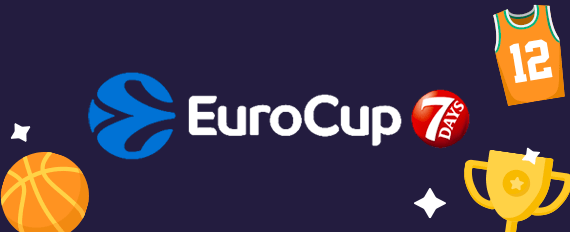 Il logo della EuroCup, torneo proposto dai siti scommesse basket, una palla da basket, una divisa da gioco e un trofeo