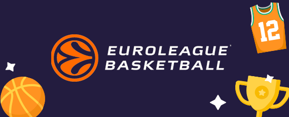 Il logo della Euroleague, torneo proposto dai siti scommesse basket, una palla da basket, una divisa da gioco e un trofeo