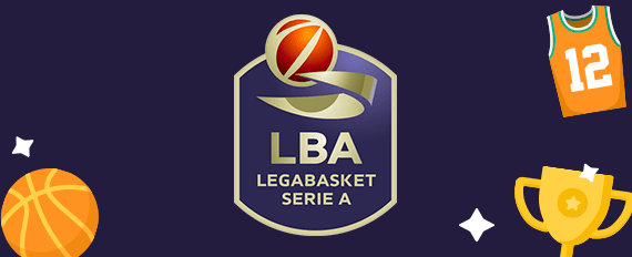 Il logo della Lega Basket Serie A, torneo proposto dai siti scommesse basket, una palla da basket, una divisa da gioco e un trofeo