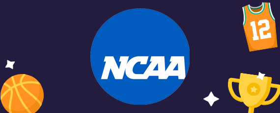 Il logo della NCAA, torneo proposto dai siti scommesse basket, una palla da basket, una divisa da gioco e un trofeo
