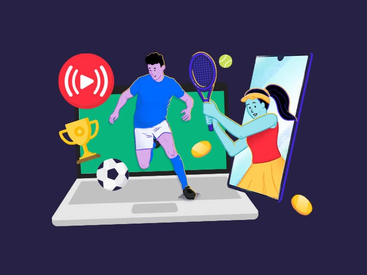 Un calciatore su un laptop, una tennista che esce da uno smartphone e il logo delle scommesse live