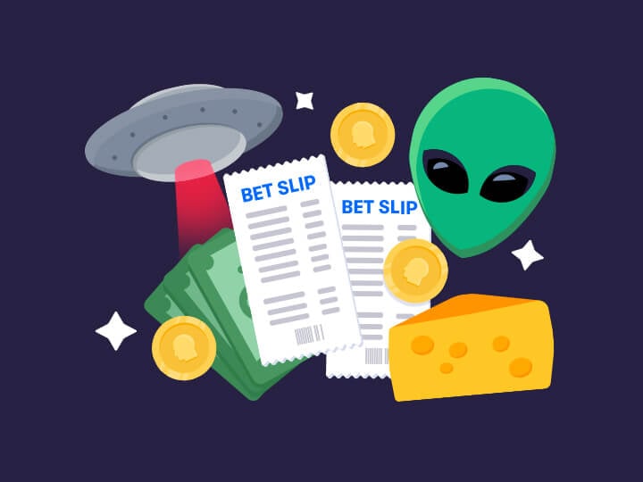 Due schedine scommesse, monete e banconote, un'astronave aliena e un alieno e un pezzo di formaggio