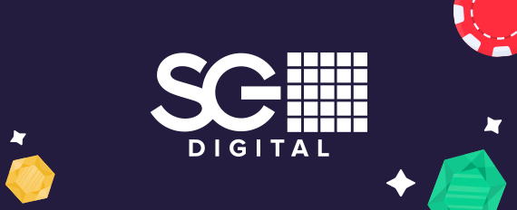Il logo di SG Digital e dei simboli di casinò (diamanti, fiche) e sport (un pallone da calcio)