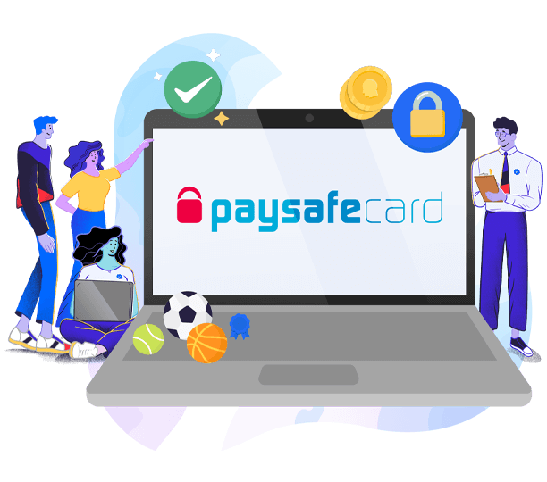 Il logo di Paysafecard su un laptop gigante, delle palle da tennis, calcio, basket, dei ragazzi delle monete e un lucchetto