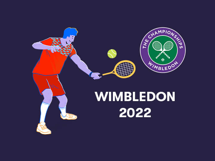 Il logo del torneo di Wimbledon, la scritta Wimbledon 2022 e un giocatore di tennis in azione