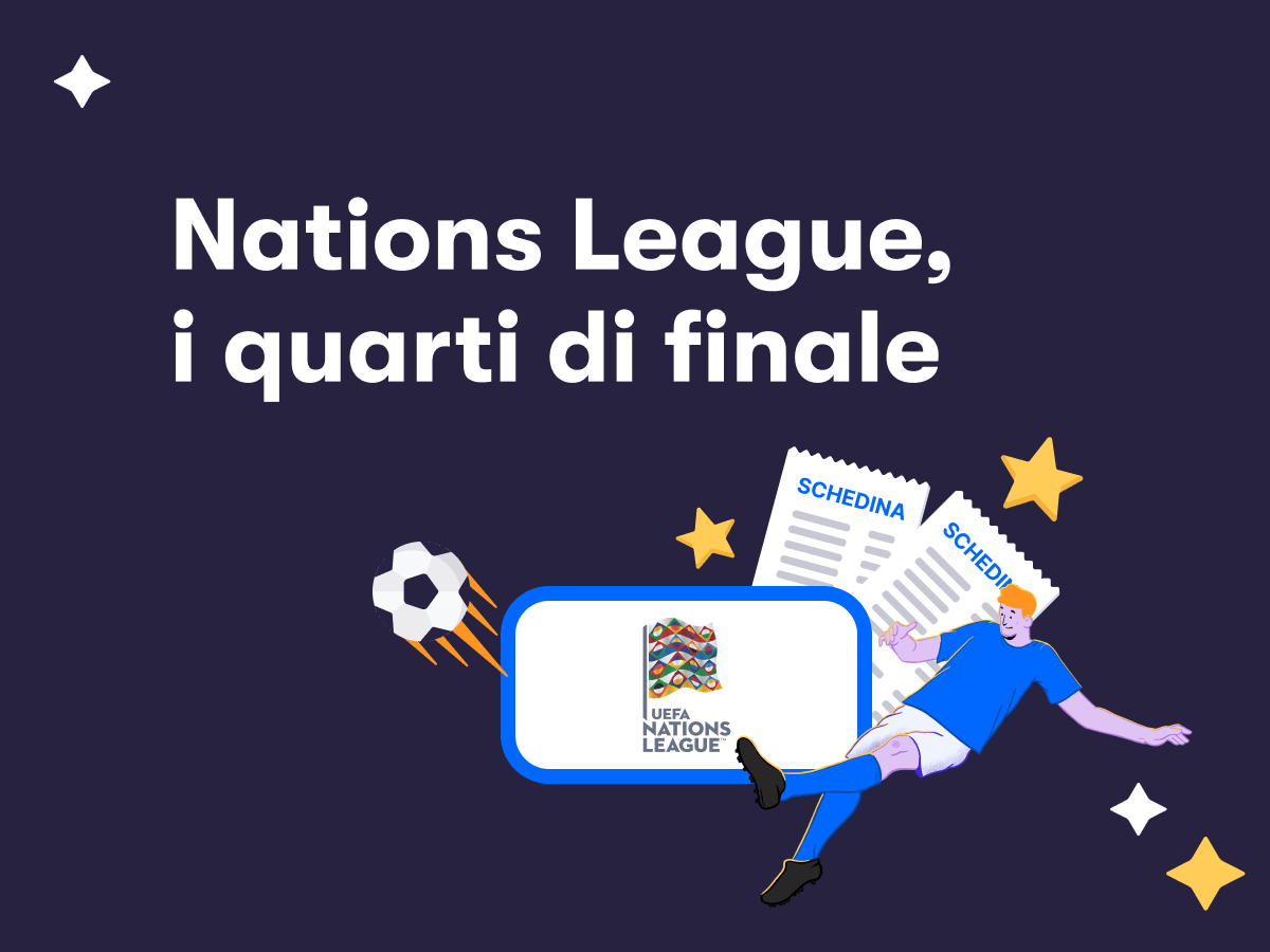 Un giocatore di calcio in azione, due schedine scommesse e il logo della Nations League