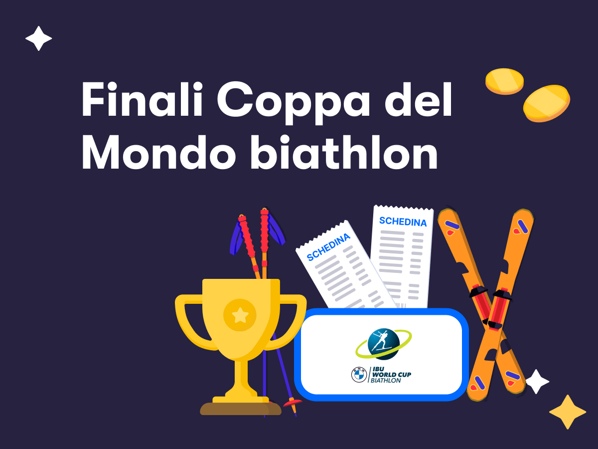 Finali Coppa del Mondo di biathlon, degli sci, il logo dell'IBU, una coppa e delle schedine