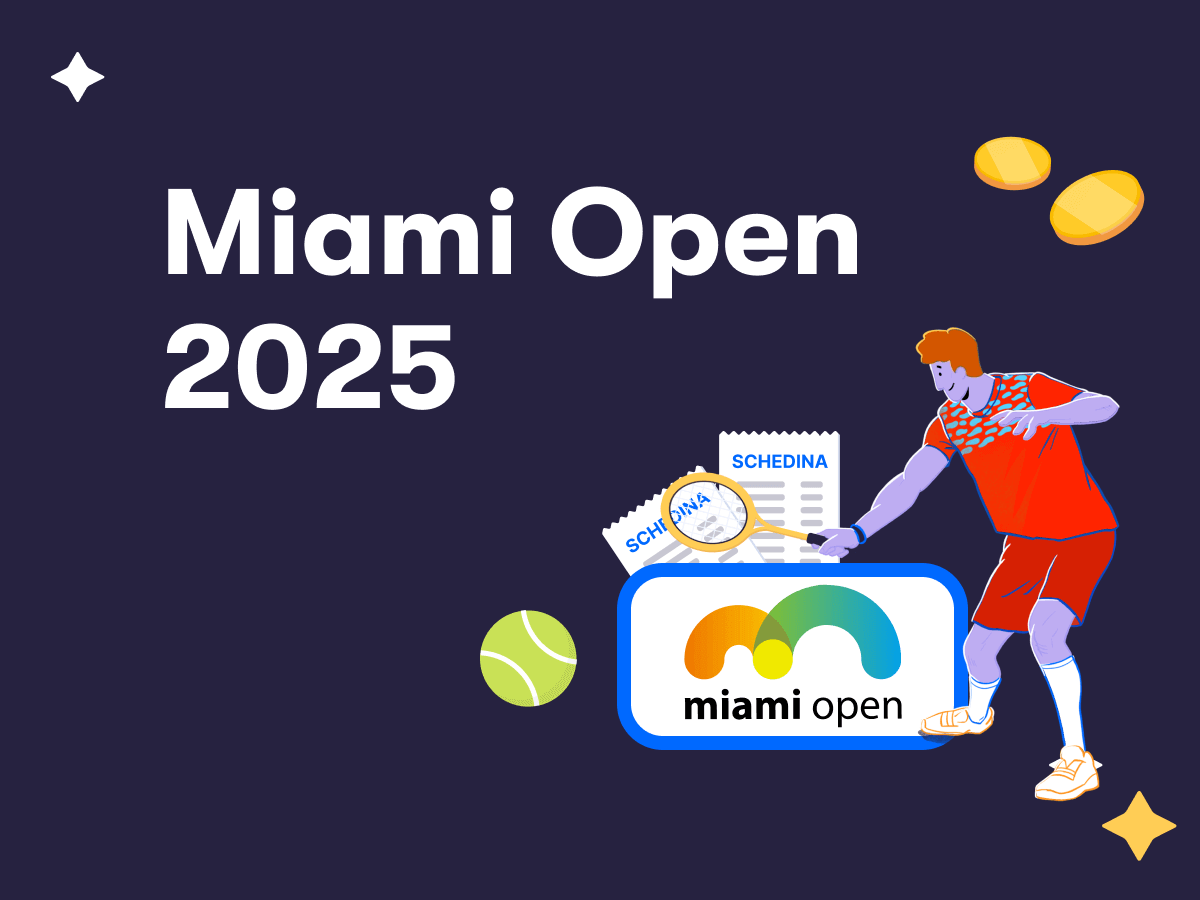 Miami Open 2025, un tennista in azione, una pallina da tennis, il logo Miami Open