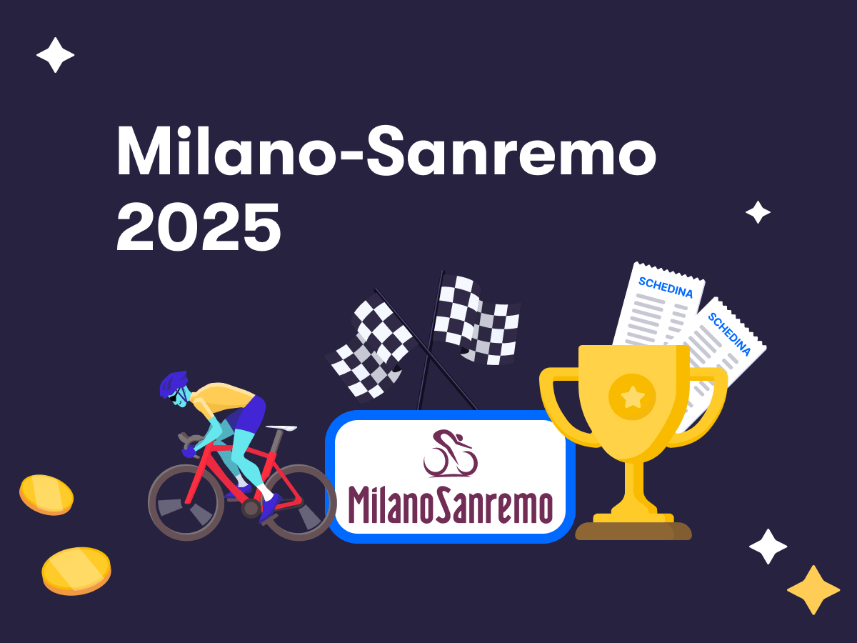 Milano-Sanremo 2025, il logo della Milano-Sanremo 2025, un ciclista da corsa e una coppa