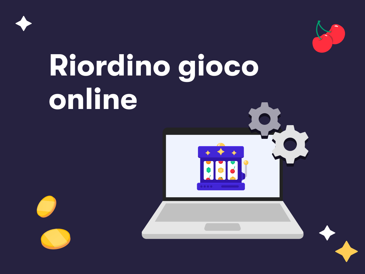 Riordino gioco online, un laptop con una slot machine, delle ciliegie e degli ingranaggi