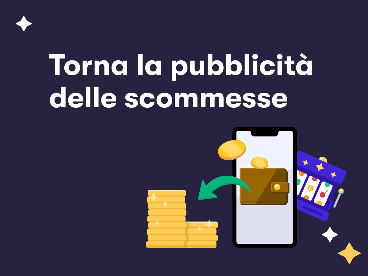 Torna la pubblicità delle scommesse, uno smartphone con un portafoglio, una slot machine e dei soldi