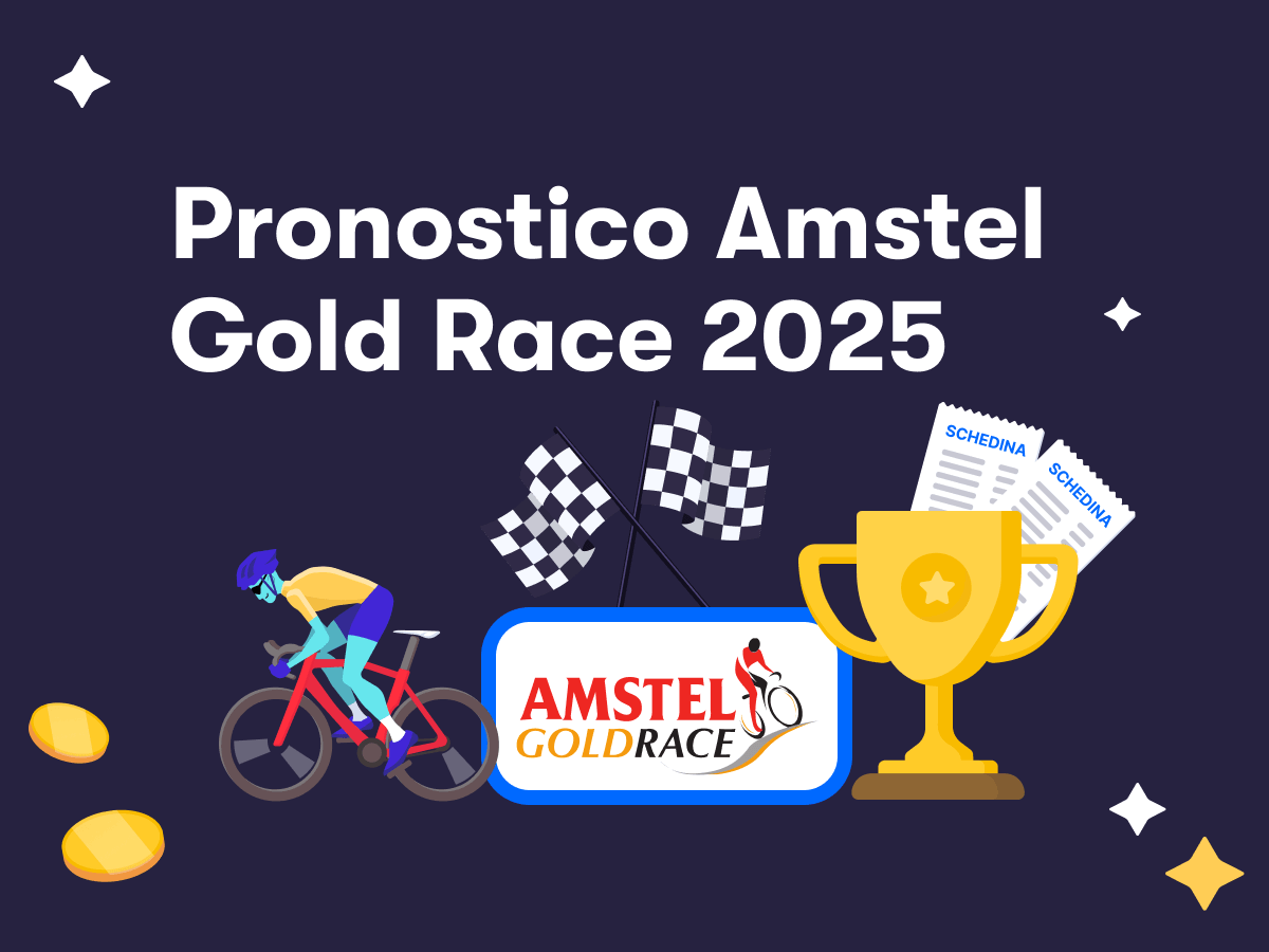 Pronostico Amstel Gold Race 2025, un ciclista, il logo della corsa, una coppa, due bandiere del traguardo e due schedine scommesse