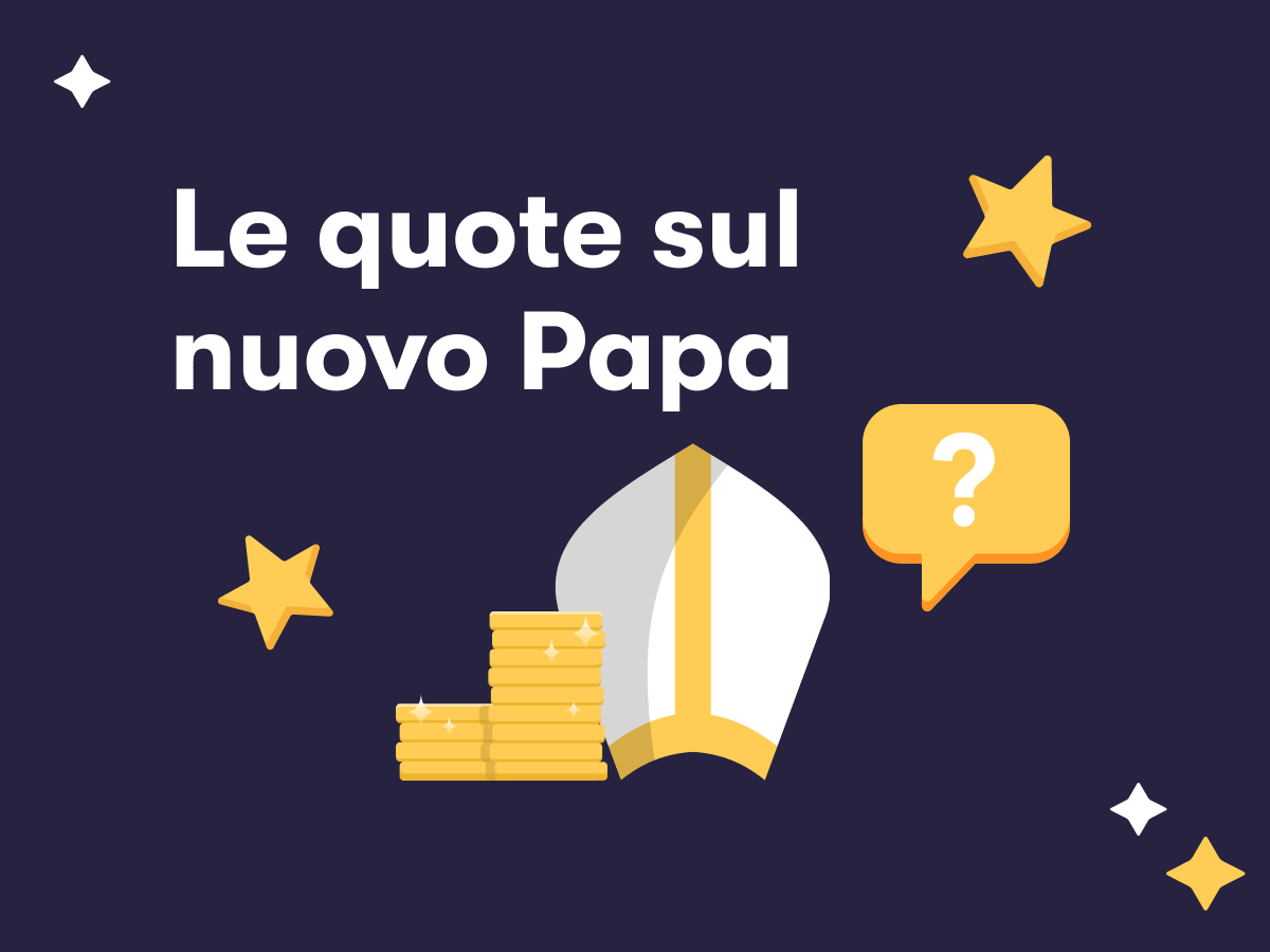 Le quote sul nuovo Papa, una mitra papale, un punto di domanda, delle stelline e delle monete