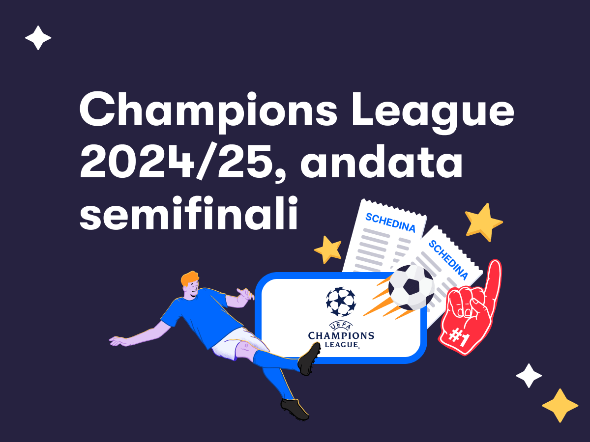 Un giocatore di calcio in azione, due schedine scommesse e il logo della Champions League