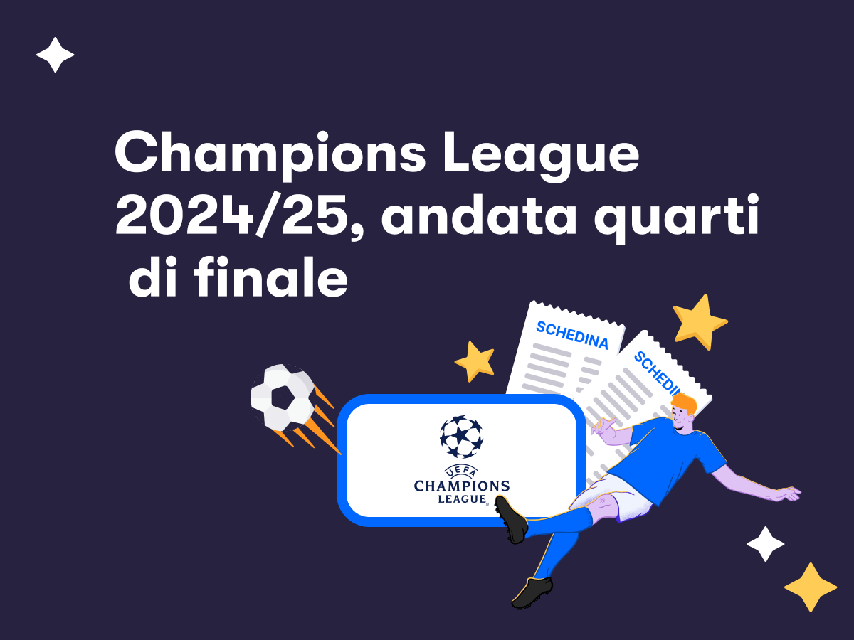 Un giocatore di calcio in azione, due schedine scommesse e il logo della Champions League
