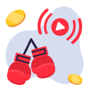 Due guantoni da boxe, il simbolo play e delle monete