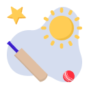 Una mazza e una pallina da cricket, il sole e una stella
