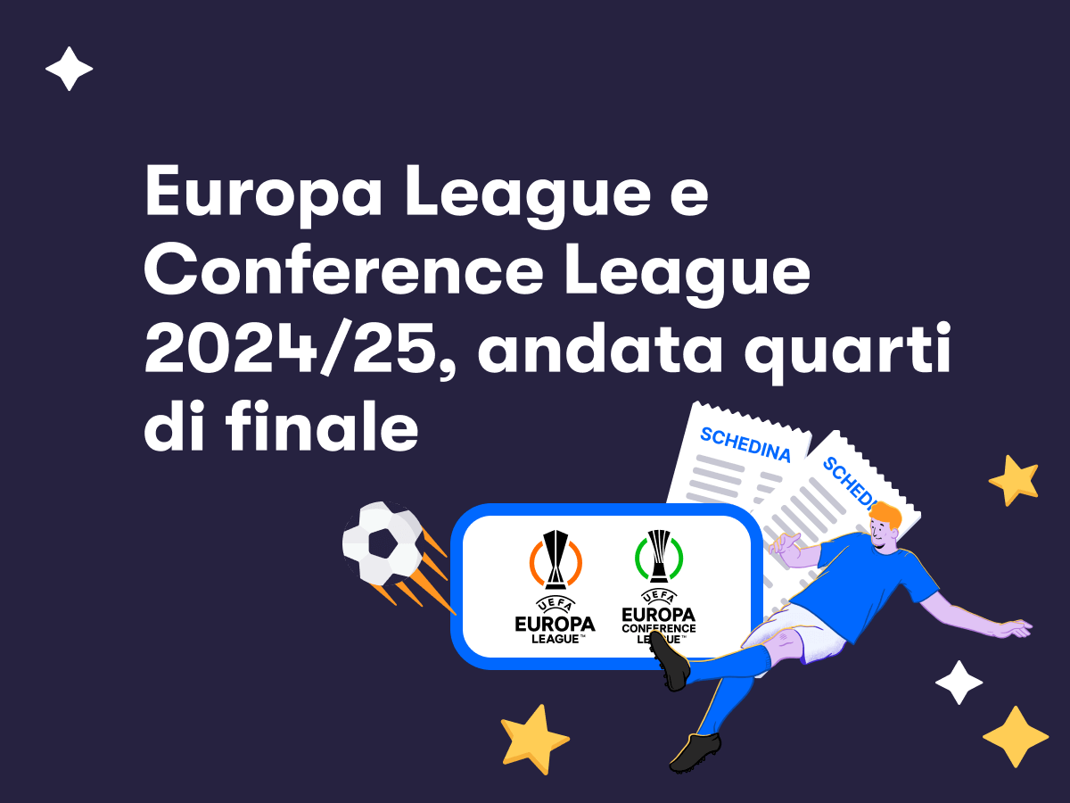 Un giocatore di calcio in azione, due schedine scommesse e il logo di Europa e Conference League