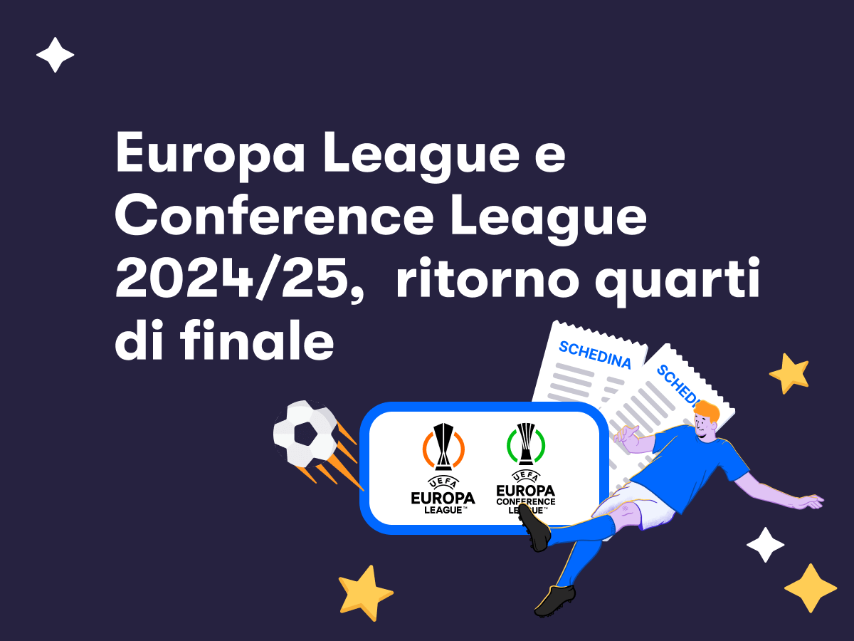 Un giocatore di calcio in azione, due schedine scommesse e il logo di Europa e Conference League