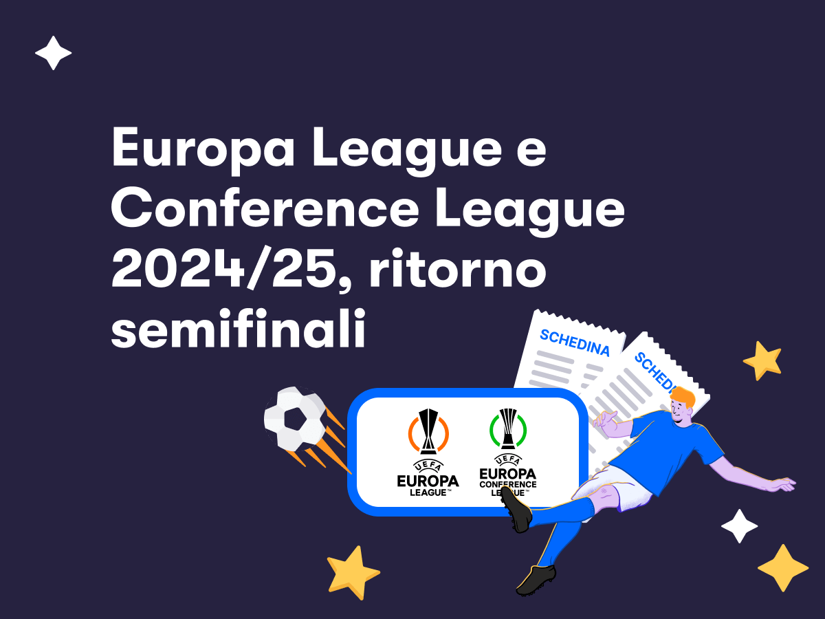 Un giocatore di calcio in azione, due schedine scommesse e i loghi di Europa e Conference League