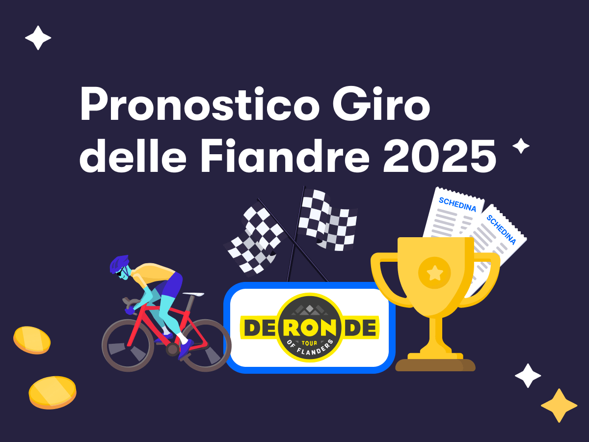 Pronostico Giro delle Fiandre 2025, un ciclista, il logo della corsa, una coppa, due bandiere del traguardo e due schedine scommesse