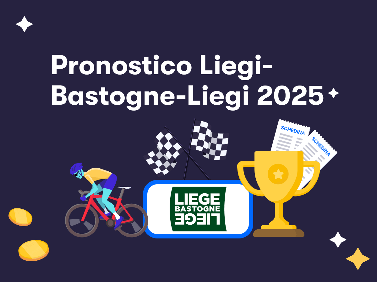 Pronostico Liegi-Bastogne-Liegi 2025, una coppa, un ciclista delle bandiere del traguardo e due schedine scommesse