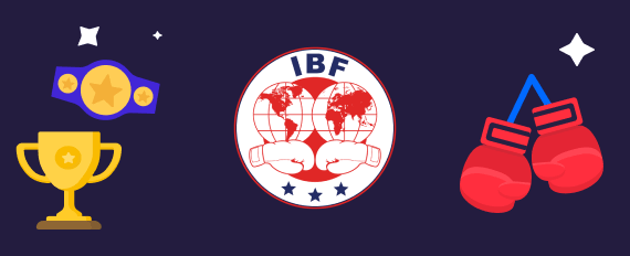 Il logo della IBF, dei guantoni da boxe, un trofeo e una cintura da pugilato