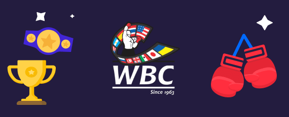 Il logo della WBC, dei guantoni da boxe, un trofeo e una cintura da pugilato