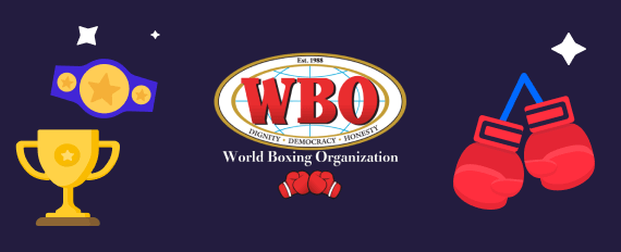 Il logo della WBO, dei guantoni da boxe, un trofeo e una cintura da pugilato