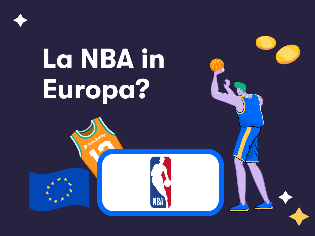La NBA in Europa, una canotta da basket, la bandiera dell'Unione Europea, il logo della NBA e un giocatore di basket