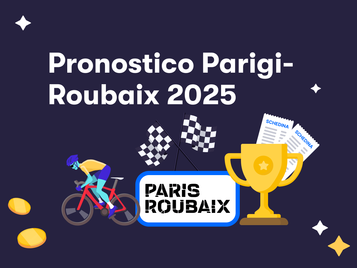 Pronostico Parigi-Roubaix 2025, un ciclista, il logo della corsa, una coppa, due bandiere del traguardo e due schedine scommesse