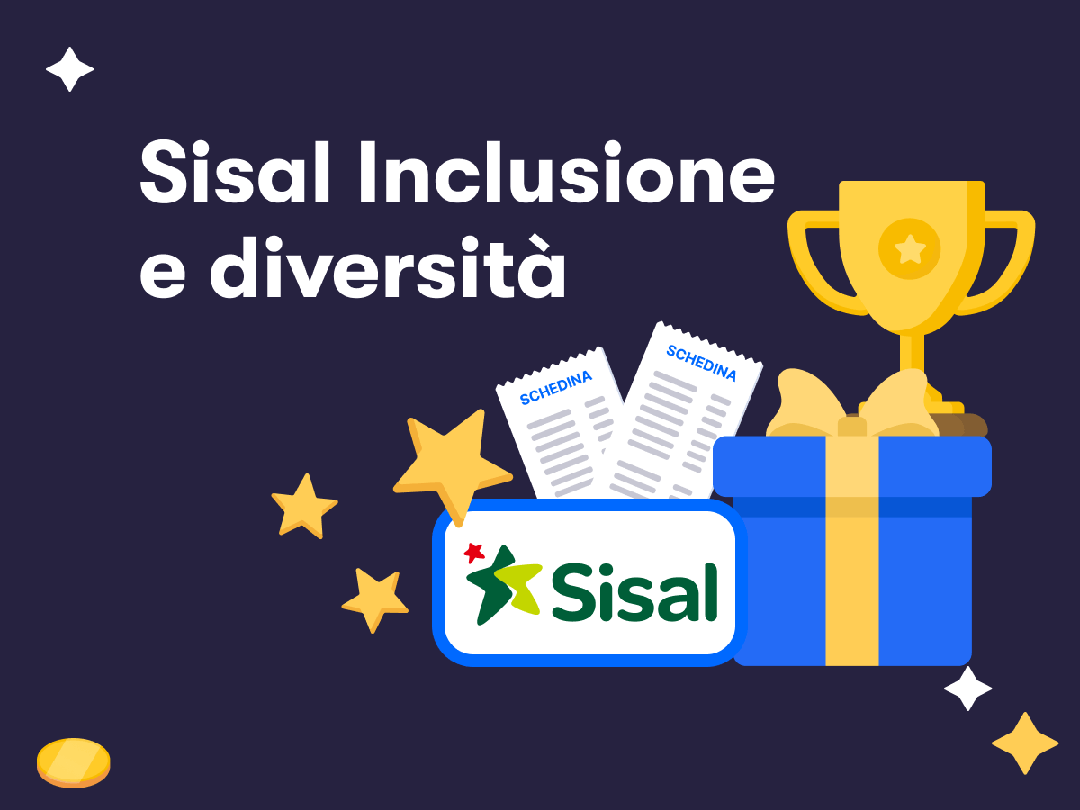 Sisal inclusione e diversità, il logo Sisal, una coppa, un pacco bonus e due schedine scommesse