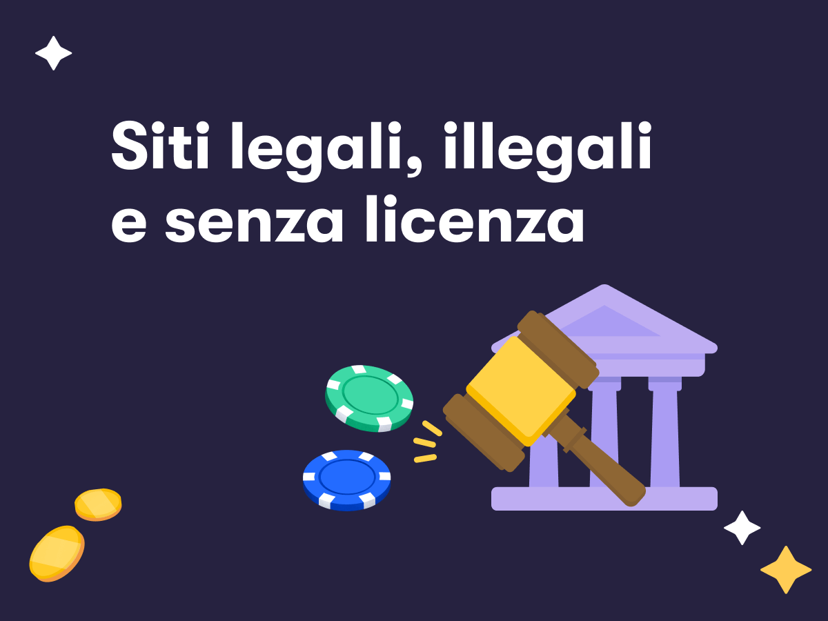 Siti legali, illegali e senza licenza, un tribunale e un martelletto, delle chips da casinò