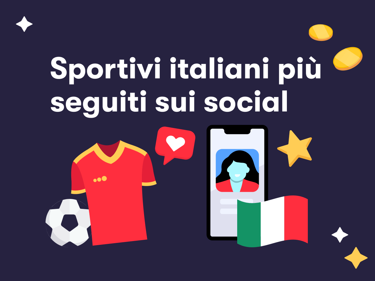 Sportivi italiani più seguiti sui social, una palla da calcio, uno smartphone, la bandiera dell'Italia, una maglia sportiva