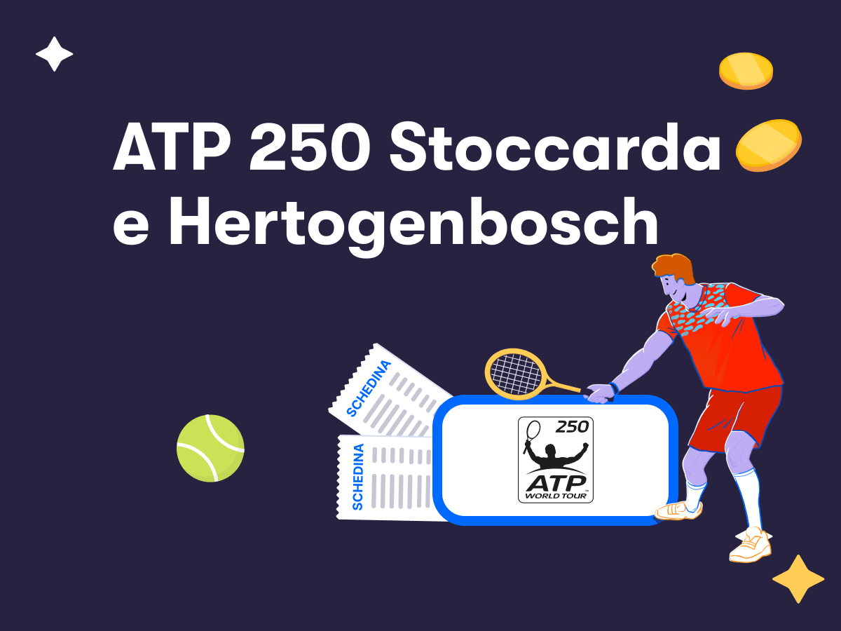 ATP Stoccarda e Hertogenbosch 2025, il logo ATP 250, due schedine scommesse e un tennista in azione