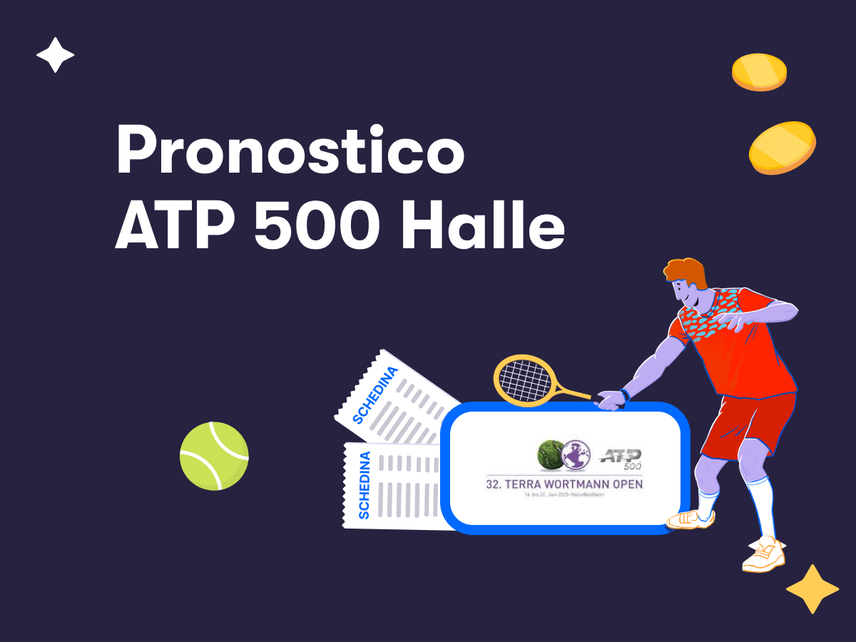 Pronostico ATP 500 Halle 2025, il logo, due schedine scommesse e un tennista in azione