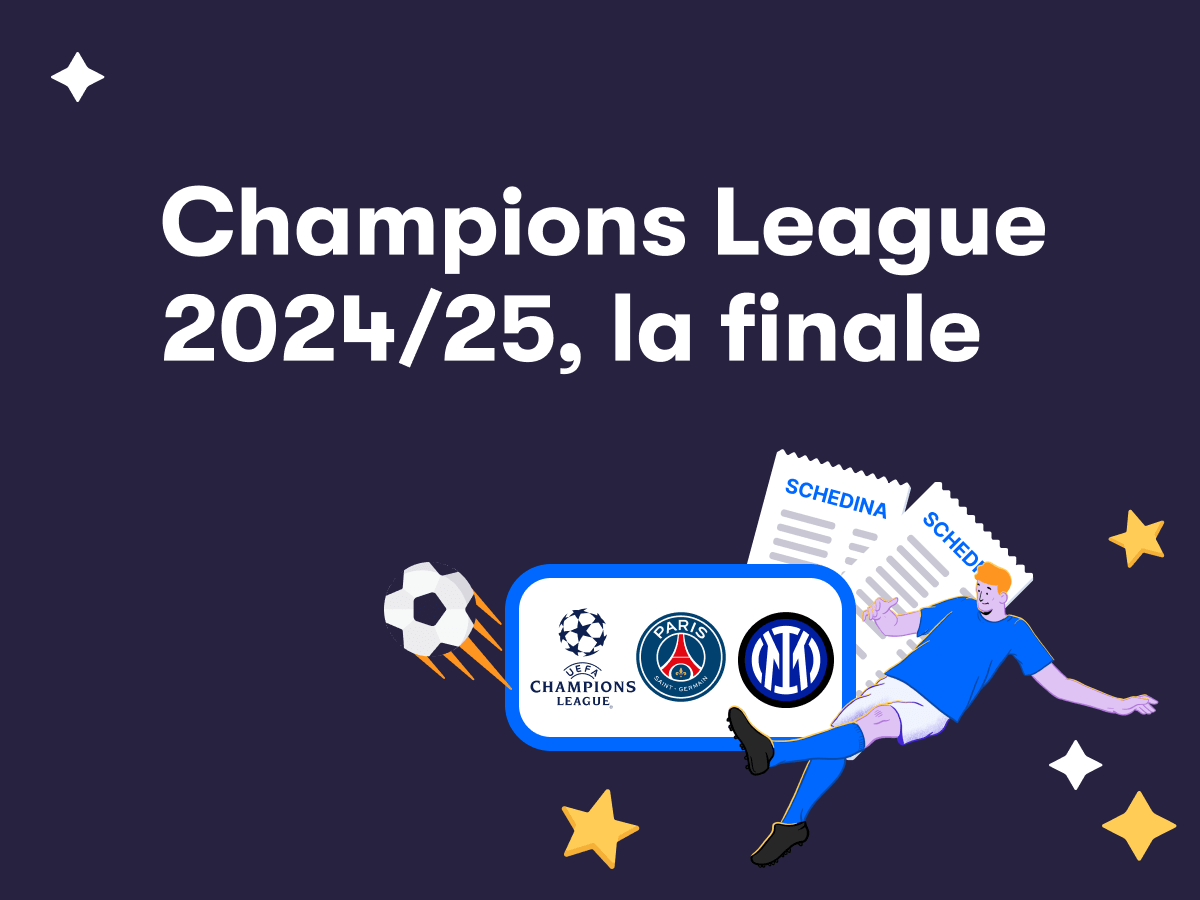 Un giocatore di calcio in azione, due schedine scommesse e i loghi di Champions League, PSG e Inter