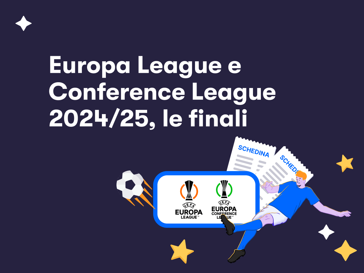 Un giocatore di calcio in azione, due schedine scommesse e i loghi di Europa League e Conference League
