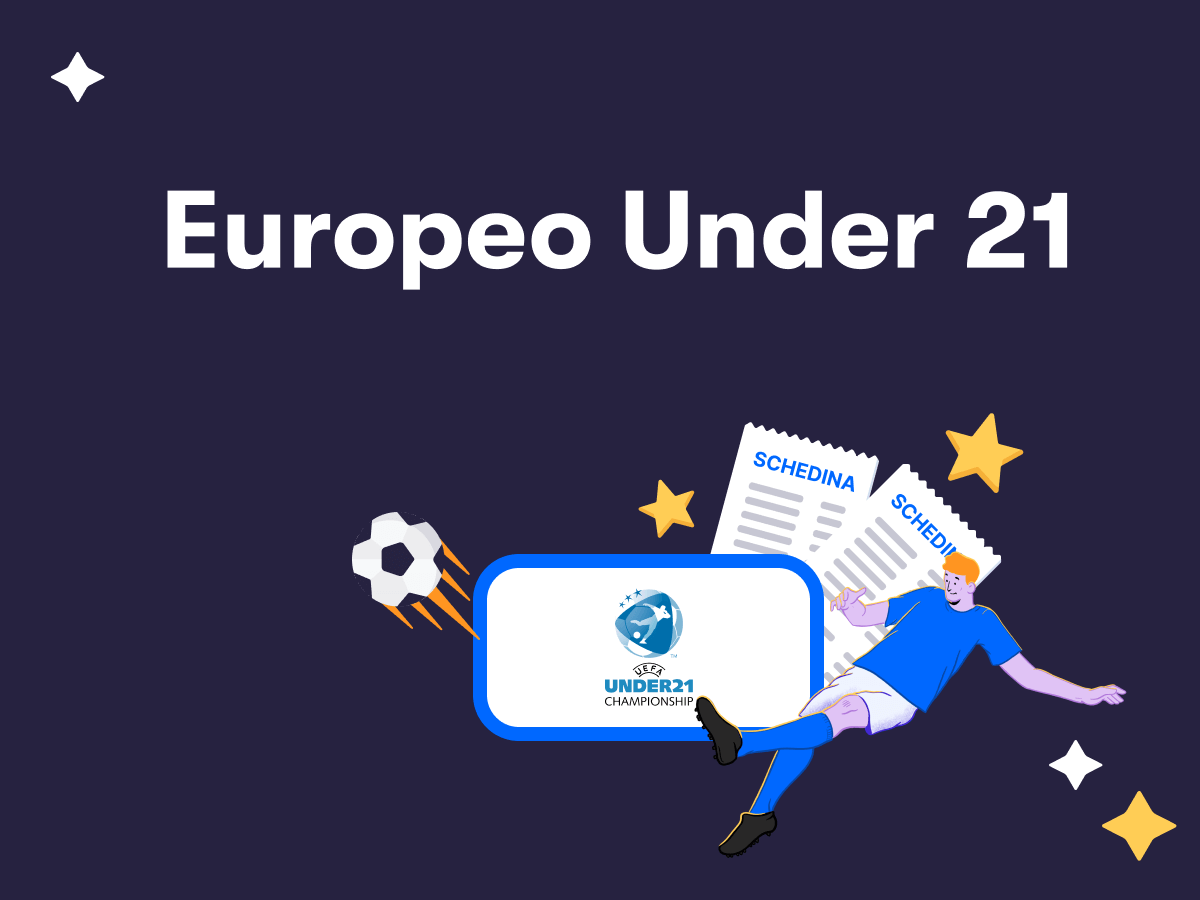 Europeo Under 21 2025, il logo, due schedine scommesse e un calciatore in azione