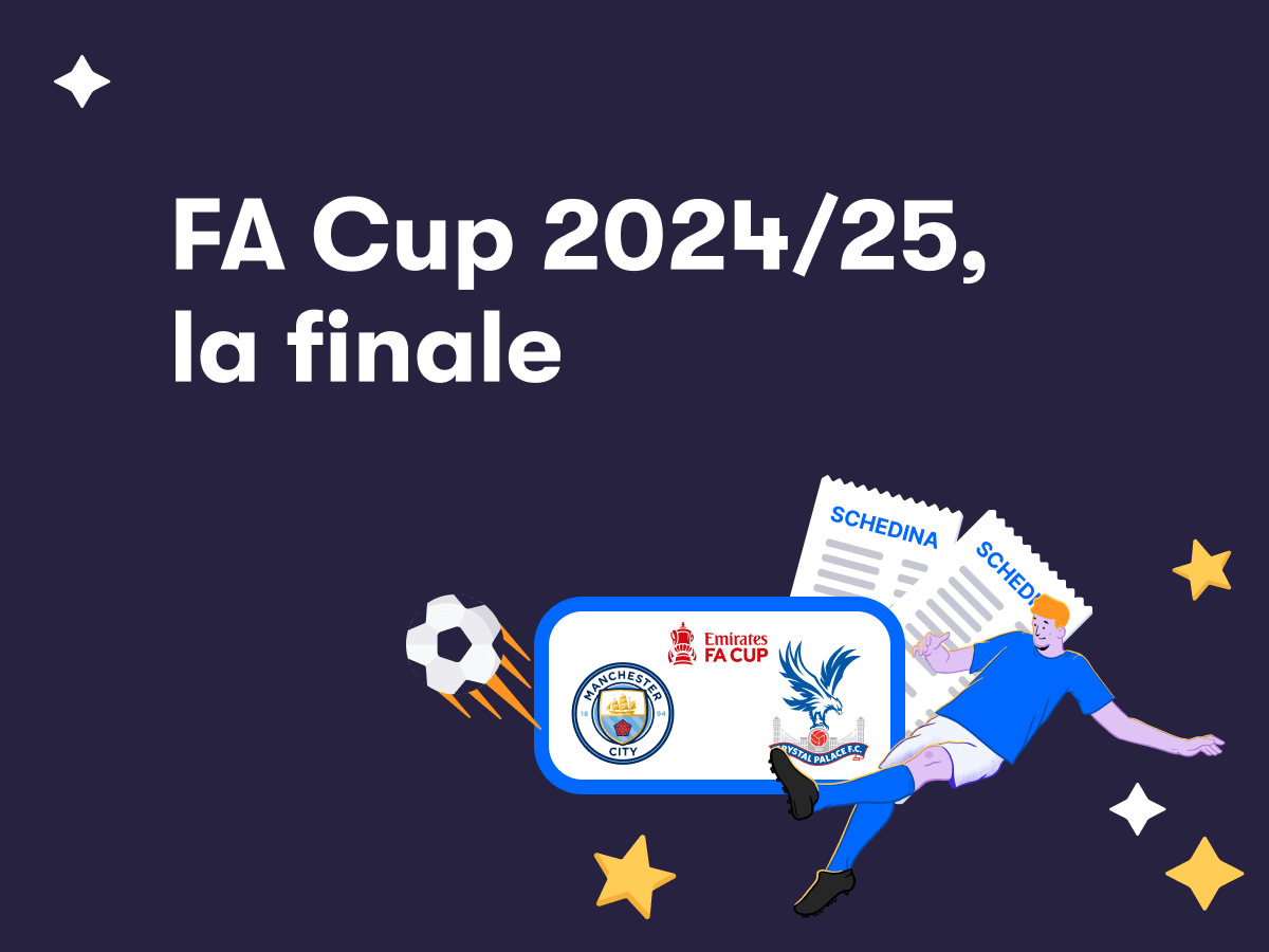 Un giocatore di calcio in azione, due schedine scommesse e i loghi di FA Cup, Manchester City e Crystal Palace