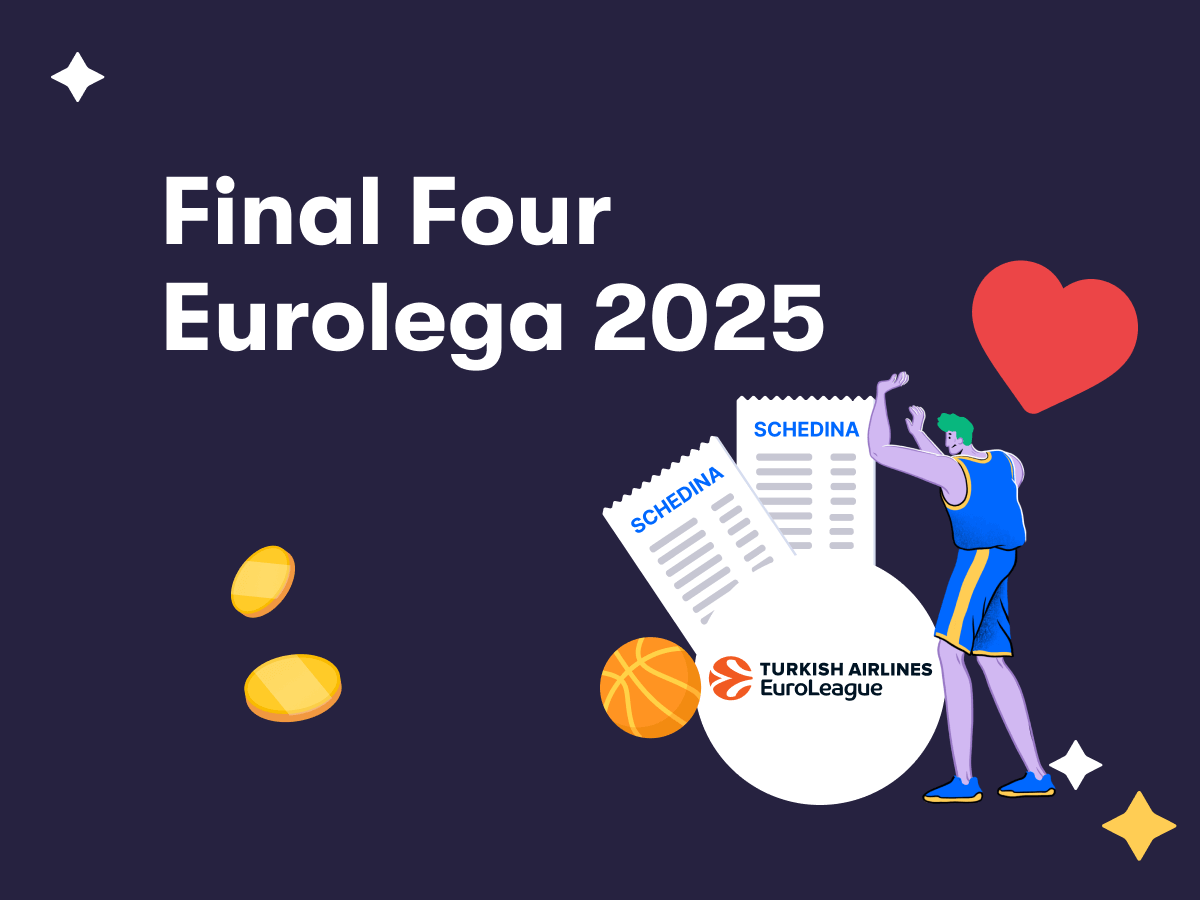 Final Four di Eurolega 2025, un giocatore di basket in azione, un cuore, due schedine e il logo della Euroleague
