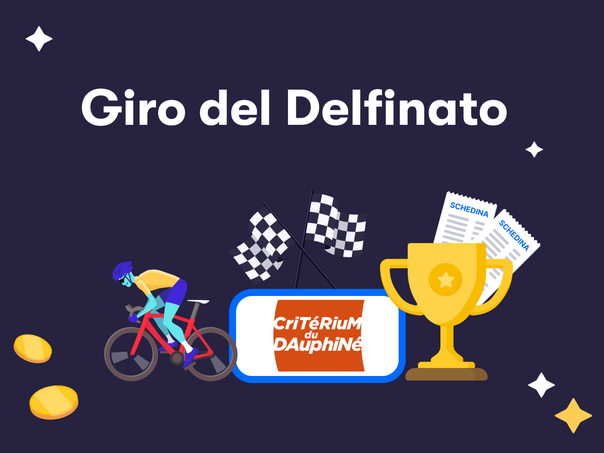 Giro del Delfinato 2025, il logo, due schedine scommesse e un ciclista