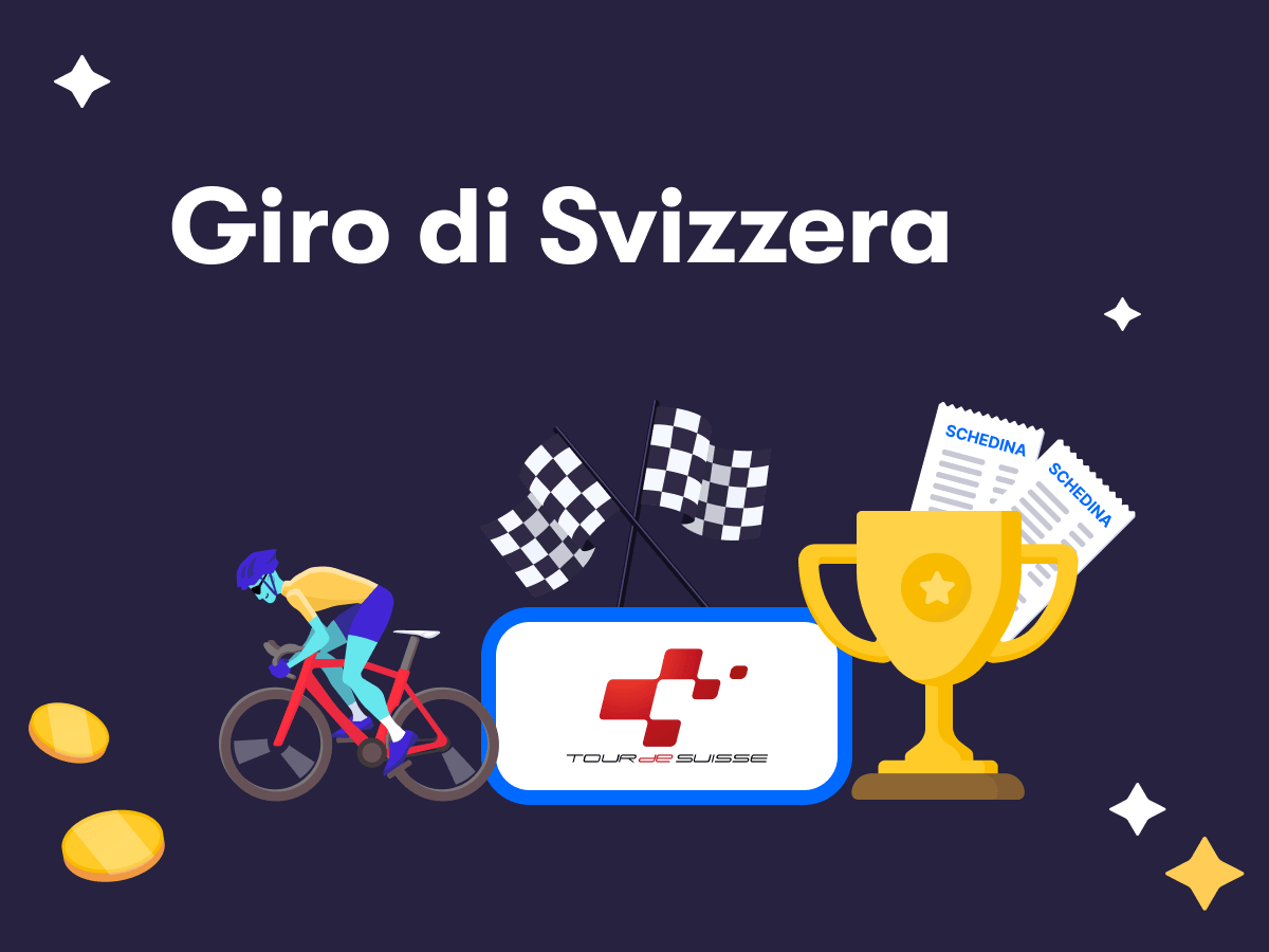 Giro di Svizzera 2025, una coppa, il logo e un ciclista in azione